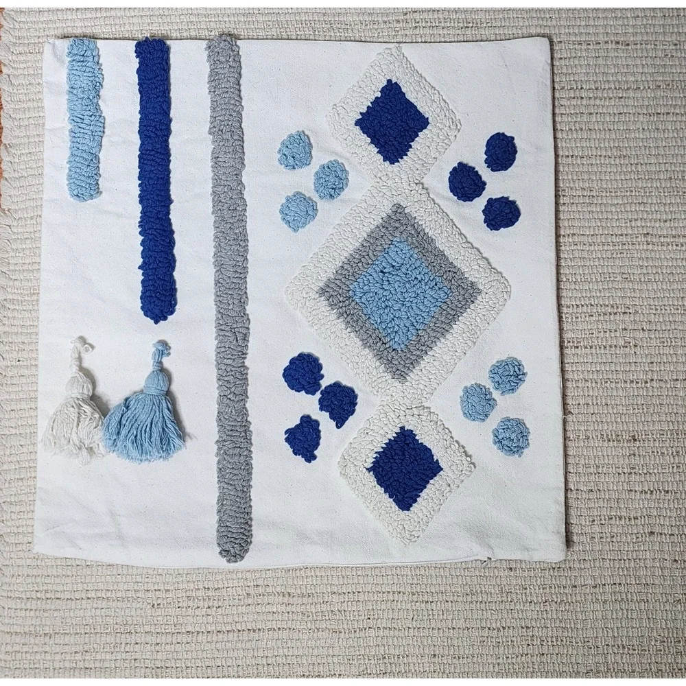 Tufted Boho Decorative‎ Pillow Cover Case Zipper Blue Ivory Canvas 17x17